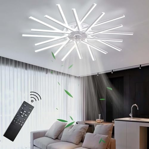 Smart Ceiling Fan Light Reversible Dc Motor Modern Dimmable Fan Light Ceiling Large Ceiling Fans with Lights for Bedroom Living Room Fan with Remote Control Ceiling Fan with Light LED-White||100cm