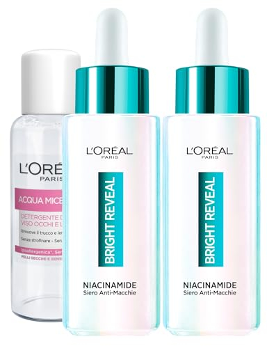 L'Oréal Paris Bright Reveal Anti-Blemish Face Serum Uniforming Smoothing Illuminating Gentle Formula Against Imperfections for Sensitive Skin - 2x 30ml Bottles + Micellar Water 30ml