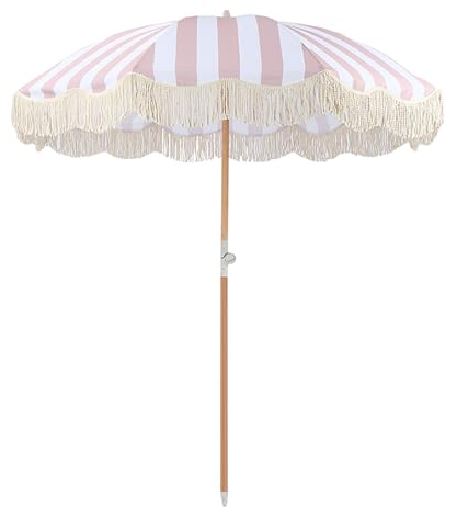 ACHZYFT 2M Neigbarer Sonnenschirm, Gartenschirme, Strandschirm Mit Quasten, Rosa Und Weiß Gestreift, Patioschirm Mit 8 Rippen, Holzstange, Sockel Nicht Im Lieferumfang Enthalten(Size:2M)