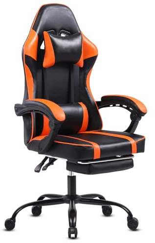 HOTOSYCH Silla Gaming con Muelles Ensacados y Reposapiés, Silla de Oficina Ergonómica con Cojin Lumbar Ajustable, Silla Gamer (Tejido, Naranja, Tamaño Grande)