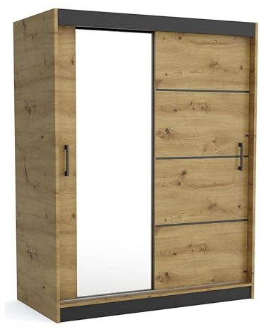Brent - Kleiderschrank mit Spiegel 160cm Breit Windsor Tomy I Schlafzimmerschrank mit 2 Kleiderstänger und Einlegeböden für Kleidung I Kleiderschrank Artisan Eiche