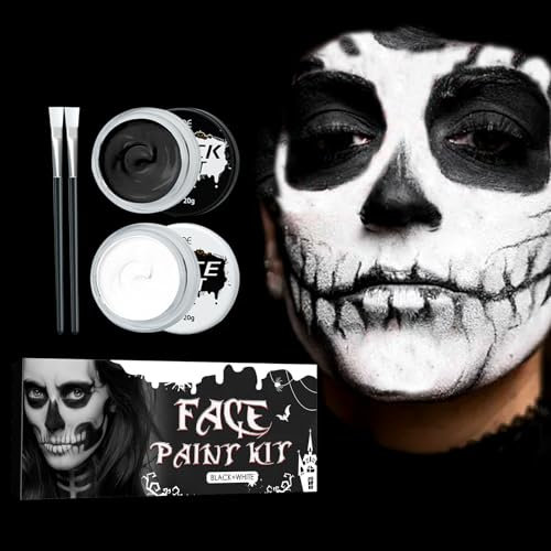 Halloween Schminke Schwarz Weiß,Halloween Make Up Gesichtsfarbe mit 2 Makeup Pinsel,Theaterschminke Halloween Face Paint für Zombie Schminke Joker Skelett Clown Monster Vampire Erwachsene(2×20g)