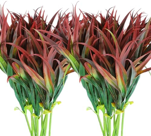 PATIKIL 18 Piante Artificiali Finte Erba, 12 Pezzi Plastica Finta Erba Orchidea con Steli per Appendere Decorazione Giardino Casa, Rosso Verde