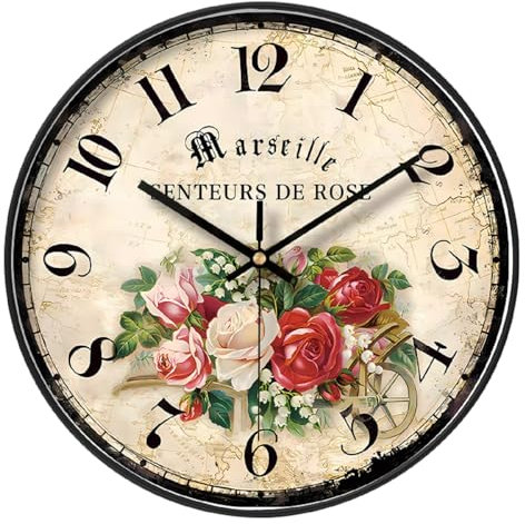 NUOVO 12 Inch Garden Wall Clock Colourful Flowers Clock Shabby Chic Floral Wall Clocks Vintage Elegant Silent Clock for Living Room Bedroom Home Kitchen Decor