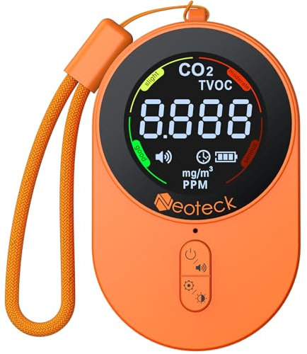 Neoteck Portable CO2 Meter with Monitor CO2 and TVOC Values, Carbon Dioxide Detector Multi Color Alert System Brightness Sound Adjustable for Home Indoor