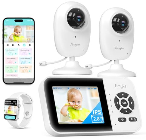 Simyke Smart BabyMonitor 1080p with 2 Camera, WLAN On/Off Schalter, WiFi Remote Access, 1500ft Long Range, 2-Way Talk, Sound Alert, Temperatursensor, Lullabies Fütterung