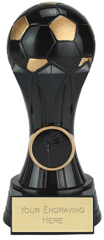 TROPHIESPLUSMEDALS Personalised Black Football Column Trophy, 15cm | Resin football trophy with detailed player design and free engraving on personalised plate, ideal for clubs and leagues.