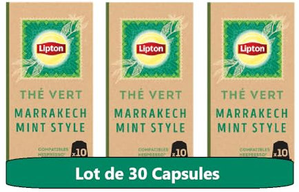 Lipton Thé Vert Marrakech Mint, 30 Capsules Compatibles Nespresso, Antioxydant et Parfumé, Menthe Fraîche et Délicate, Label Rainforest Alliance, 3x10 Capsules