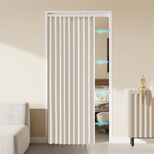 Eushdiid Linen Pleated Folding Magnetic Patio Door Curtains, Tiebacks, Accordion Room Divider, Sliding Glass Door Blinds for Doorways, French Closet Door Curtains, Open Closet, 52x78, Beige