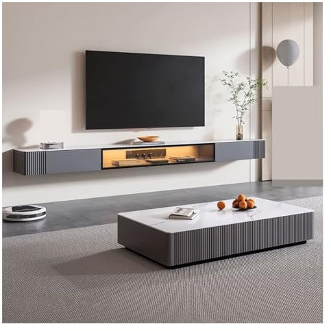 TV Schrank Hängend An der Wand montierter schwebender TV-Ständer mit Aufbewahrungsschrank, TV-Ständer for Schlafzimmer und Wohnzimmer mit LED-Licht, moderner Fernsehständer mit Schiefer-Tischplatte TV