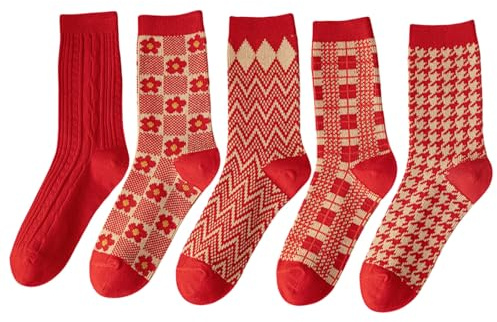 Pick Ferns in March Women Red Socks, Warm Cotton Crew Socks, UK 4-7, 5 Pack | Thick double-knit for cooler days; no loose threads inside; 5 red designs from houndstooth to stripes, a cosy gift for her