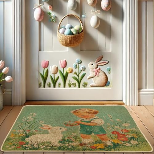 Tapete para puerta de conejo de primavera, tapete vintage de liebre de Pascua para entrada en interiores y exteriores, tapete de bienvenida suave y antideslizante, fácil de limpiar, 73 x 43 cm