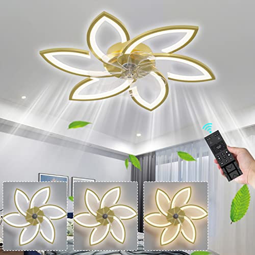 Ventilateur de plafond moderne doré de 78 cm avec minuteur LED et télécommande et moteur CC 6 vitesses hiver et été, réversible, fonctionnement silencieux, idéal pour chambre à coucher, design floral