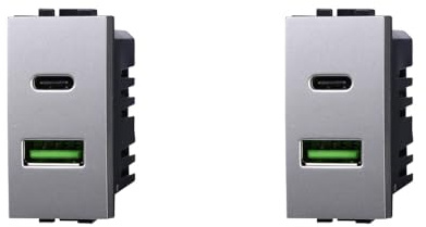 IXTRIMA Module prise chargeur double USB 2 ports, 3,1 A USB-c + U SB A, couleur grise compatible avec Bticino Living Light/INTERNATIONAL 2 pièces