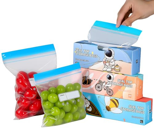 AMSGANK Set di 70 Sacchetti Ermetici per Alimenti, Sacchetti per Congelatore Riutilizzabili Richiudibili Sigillabili con Etichetta Pre-Stampata per Frutta, Verdura, Salva Freschezza (3 Misure)