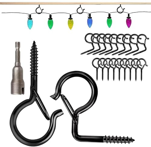 GGUFAY 20 Pezzi Ganci Avvitabili Ganci Q-Hanger Neri, Ganci a Vite per Soffitto Occhielli a Vite Ganci Magnetici Forti Gancio per Soffitto, Include Modelli a 90°, Tasselli Muro