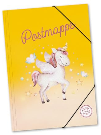 itenga Postmappe aus stabilem Kunststoff PP - Gummizugmappe mit Motiv DIN A4 mit Gummizugverschluss - Sammelmappe Eckspanner (Einhorn)