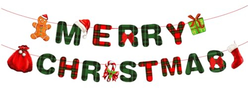 DVOFU Wimpelkette mit Aufschrift Merry Christmas, Lebkuchenmann, rote Socke, Geschenk-Box, Heimdekoration, hängende Buchstaben, Frohe Weihnachten, Banner für drinnen und draußen, Party-Dekoration