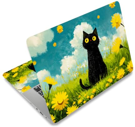 PLIGREAT Laptop Skin Aufkleber Mit Ölgemälde Katze Zuschneidbar Universalgröße Passend Für 12 13 13.3 14 15 Zoll Laptop Süße Gelbe Blume Abnehmbar Wasserdicht Notebook Kunst Aufkleber