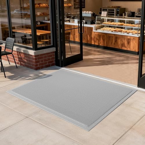 QiCaiJia Front Door Mat 31''x47'', Drainage Heavy Duty Dirt Trapping Non-Slip Doormats, Outdoor Rubber Floor Mats, Restaurant Commercial Kitchen Industral Pool Entrance Bar Wet Area, Grey