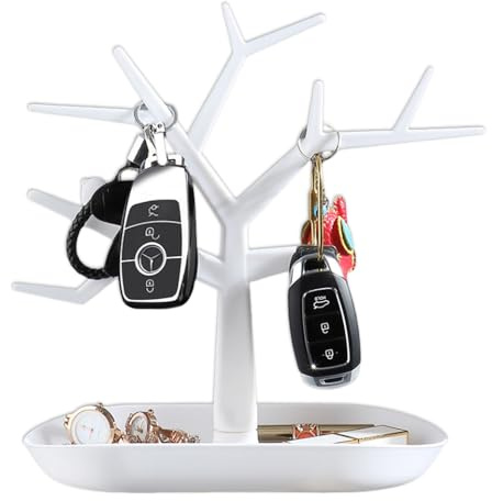OULIGET Tabletop Key Holder Stand Tree Key Rack,Stand Jewelry Display Necklace Ring Earring Holder Rack,Jewelry Organizer Tray Home Decor for Home Entryway (White)