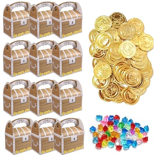 12 cofres del tesoro para niños con piedras preciosas y monedas de oro, caja de regalo para aperitivos y tarjetas del tesoro, adecuado para decoración pirata, fiesta de cumpleaños