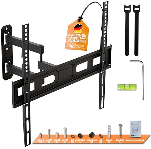 EasyLife TV Support Mural FlexMount E70 Single 37–70 Pouces – Pivotant, Inclinable, Design à 1 Bras, VESA 600x400, Capacité 35KG – Support TV pour LED, LCD, OLED, 4K – avec Gestion des Câbles