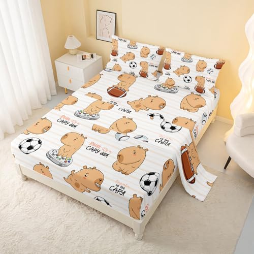 AILONEN Kids Cartoon Capybara Fitted Sheets Set Full,Cute Soccer Rugby Sports Theme Animal Bed Sheets Set for Boys Girls,1 Flat Sheet,1 Fitted Sheet + 2 Pillowcases,4Pcs