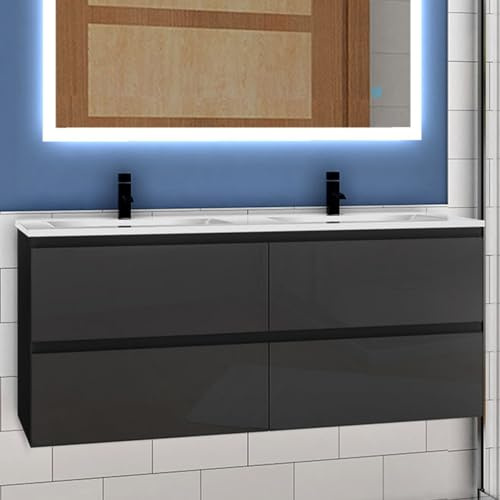 Aica Sanitär Waschtisch mit Unterschrank 120cm Alast Badmöbel Set Hochglanz Anthrazit Keramik Waschbecken mit Unterschrank MDF Softclose