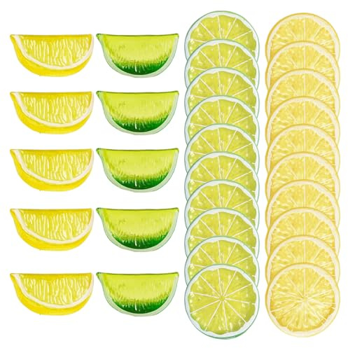 AHEJIOO 30 Stück Zitronen Deko Set, Deko Zitrone mit Gelben und Grünen Scheiben und Würfeln, Zitronedeko für Tisch Vase Küche, Frühlingsdeko für Sommer Party DIY Bastelarbeiten Fotografie Requisiten