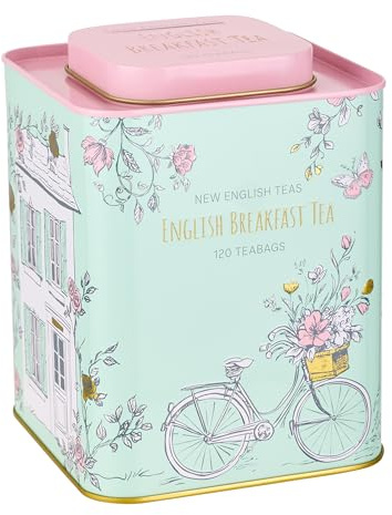New English Teas Cottagecore Tea Tin - 120 Teabags - Pink | English Breakfast Tea, Countryside Décor, Square Tin
