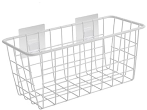 Yvocuyn Trådkorgar för organisering, 28 x 12 x 13 cm självhäftande hängande korg, järn vit ihålig hängande väggkorg för kök badrum skafferi skåp badrum