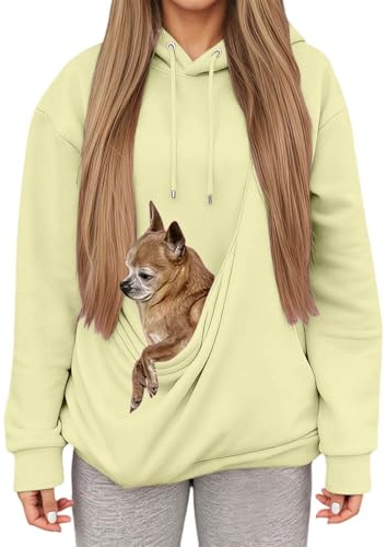 Sweat à Capuche Femme avec Grande Poche Kangourou Fonctionnelle,Pull de Transport pour Chat et Chien,Sweatshirts pour Amoureux des Animaux domestiques (Light Yellow, S)