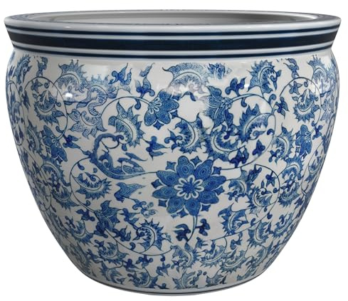 Red Lantern 12 Floral Blue & White Porcelain Fishbowl Planter or Cachepot for Indoor/Outdoor Use in Garden Entryway Living Room Boho Eclectic Modern Contemporary Classic Traditional Style Decor