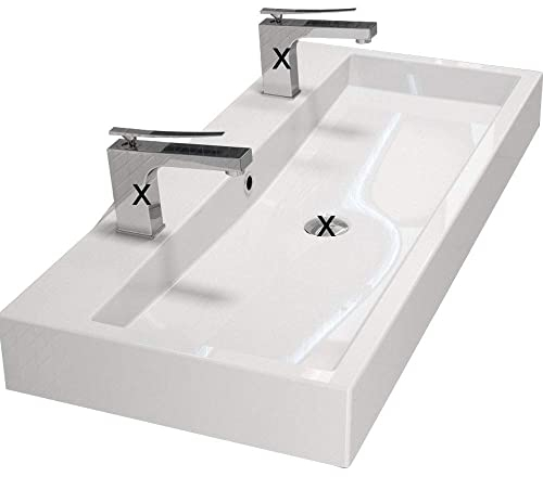 Design Waschbecken Doppelwaschbecken 100cm zur Wandmontage oder Aufsatzwaschbecken mit 2 Armaturlöcher Weiß | 100x42x10cm | hochwertiges Mineralguss | Qualität Made IN EU