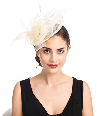 SAFERIN Fascinator for Women Hair Clip Hat Bowler Feather Flower Veil Wedding Party Hat（TA4-Beige）
