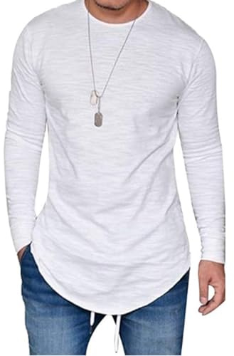 LIWEIKE Mens Hipster Hip Hop Longline Crewneck T-Shirt (White, X-Large)
