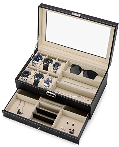 Efantur Uhrenbox Schmuckkasten groß Uhrenkasten 2 Schichte mit Sichtfenster für 6 Uhren + 3 Sonnenbrillen + Schublade für Schmuck, Juwelen u.s.w.(Schwarz)