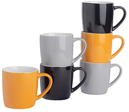 Argon Tableware Tea Coffee Mugs - 6pc Contemporary Coloured Ceramic Cups Set - 350ml - Black Grey Yellow