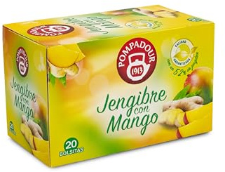 Pompadour | Jengibre con Mango | Infusión | Sabor Vigorizante y Afrutado | 20 Bolsitas de 2,25 Gr