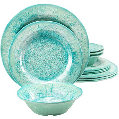 Vaisselle en mélamine 12 pièces - Durable - Passe au lave-vaisselle - Incassable - Ne s'écaille pas - Ne passe pas au micro-ondes ni au four (vert)