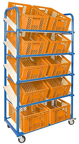 BRB Schrägboden-Regalwagen mit 5 Ebenen, bestückt mit 10 Euroboxen durchbrochen 600x400x240 mm orange