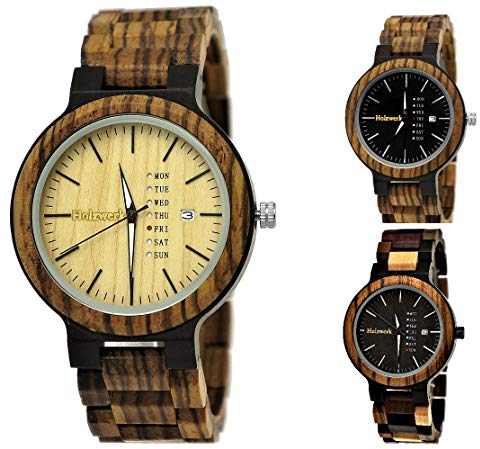 Holzwerk Germany Handgefertigte Matrix Herren-Uhr Öko Natur Holz-Uhr Holz Armband-Uhr Braun Schwarz Zebra Muster Analog Quarz-Uhr Datum und Wochentag Anzeige (Holzwerk-Braun-Ahorn)