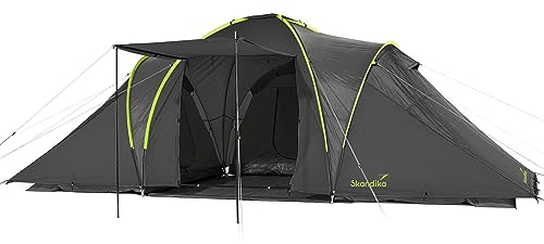 Skandika Kuppelzelt Daytona 6 Personen | Familienzelt mit 3 Schlafkabinen, 3000 mm Wassersäule, 195 cm Stehhöhe, Moskitonetze, Sonnensegel | Campingzelt für Familie und Freunde (anthrazit/grün)