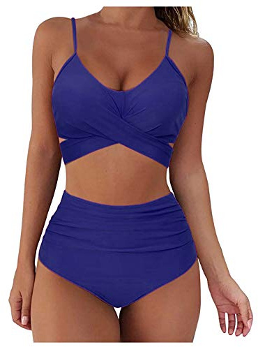 YJLX Maillot de bain 2 pièces pour femme - Taille haute - Push Up - Sexy - Grandes tailles - Maillot de bain deux pièces - Culotte push-up - Tankini avec hauts et short de bain - Mode plage, bleu, L
