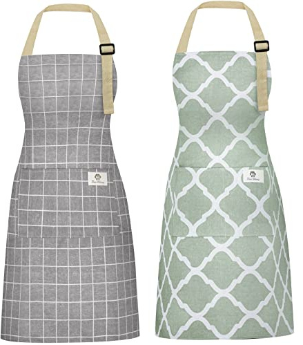 Riqiaqia 2 Pieces Aprons for Women with Pockets, Cotton Linen Waterproof Kitchen Cooking Aprons, Chef Apronfor Men Women with Adjustable Neck Strap and Long Ties(Grey/Green)