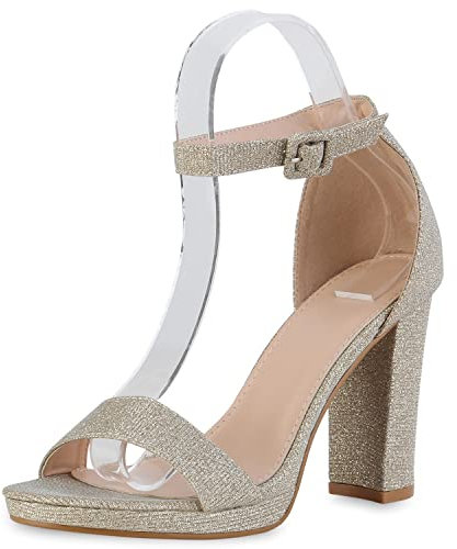 VAN HILL Damen Riemchensandaletten Sandaletten Party Blockabsatz Schuhe Glitzer Absatzschuhe Freizeit Riemchenschuhe 210120 Gold 39
