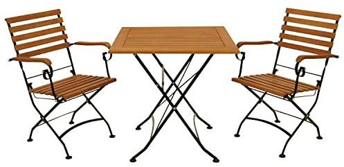 DEGAMO Garten Sitzgruppe Klappgarnitur HOFGARTEN 3-teilig (2X Armlehnensessel, 1x Tisch 75x75cm), Stahl schwarz pulverbeschichtet, Eukalyptus Holz braun geölt, FSC®-Zertifiziert, Outdoor