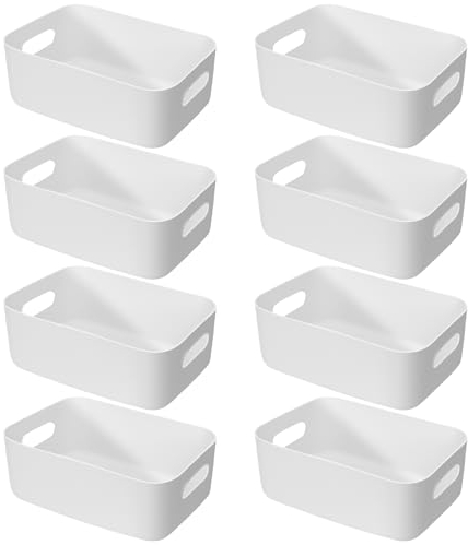 ZPONEED 8pcs Plastic Storage Boxes, White Storage Baskets with Handles, 30x20x12cm Storage Box for Kitchen, Cupboard, Office, Bathroom, Toy, Durable Home Tidy Open Storage Bins