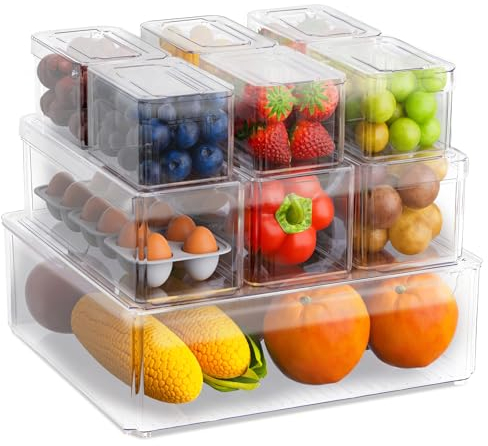 BTGGG Set of 10 Fridge Organisers with Lids Stackable Fridge Storage Containers Set, Vegetable Fruit Clear Refrigerator Freezer Organiser for Pantry, Cabinet, Drawer